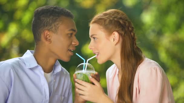 Multiracial couple drinking fresh cocktail through straws looking each other — Stock Video