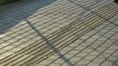 Şehirde baston kullanarak özel dokunsal kaldırımda yürüyen görsel sorunları olan adam