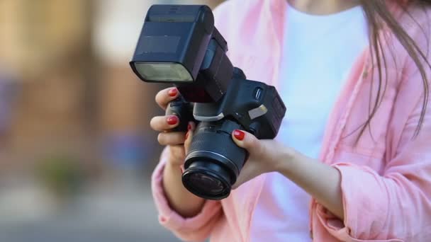 Professional photojournalist choosing pictures holding camera, mass media job — Stock Video
