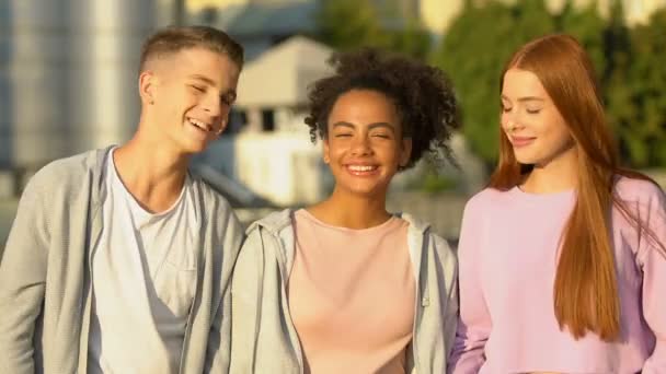 Vrolijke groep jonge vrienden lachen en grappen onder de zomerzon balken — Stockvideo