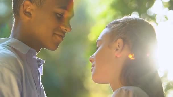 Couple d'anniversaire embrassant dans la forêt ensoleillée, ami de confiance, relations fiables — Video