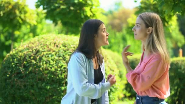 2人の女性の友人が喧嘩し、お互いに耳を傾けたくない、対決 — ストック動画