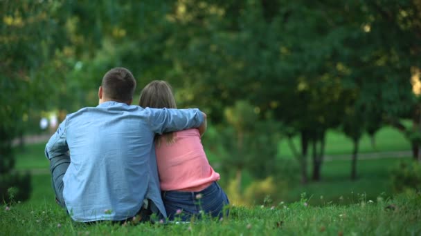 Vista trasera de la joven pareja abrazándose y sentado en la hierba en el parque, juntos — Vídeos de Stock