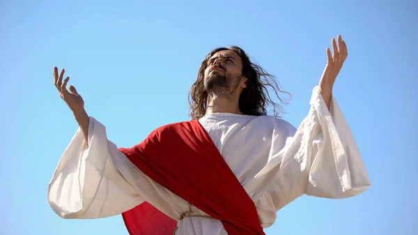 Jesus Raising Hands Sky Praying Resurrection Ascension Christ — Stock Photo, Image
