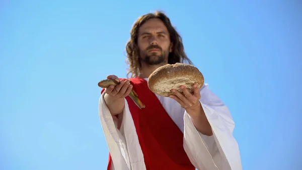 Jesus Mostrando Peixe Pão História Bíblica Milagre Sobre Alimentar Milhares — Fotografia de Stock