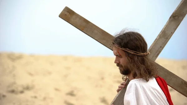 Jesus Dornenkrone Trägt Schweres Kreuz Opfer Für Die Errettung Der — Stockfoto