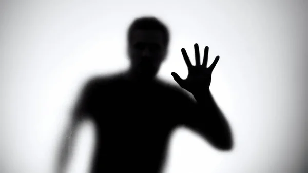 Shadow Maniac Touching Glass Searching Victim Preparing Crime — Stock Photo, Image