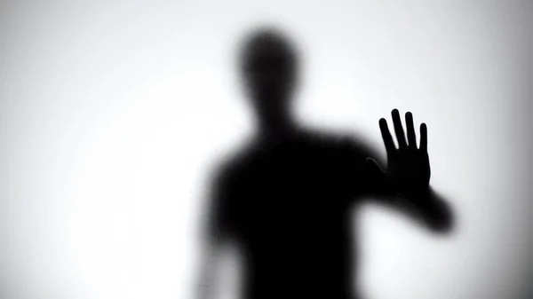 Shadow Man Holding Glass Wall Trying Escape Captivity Kidnapping — Stock Photo, Image