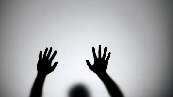 Silhouette Hands Sliding Glass Wall Person Dying Crime Scene Horror — Stock Photo, Image