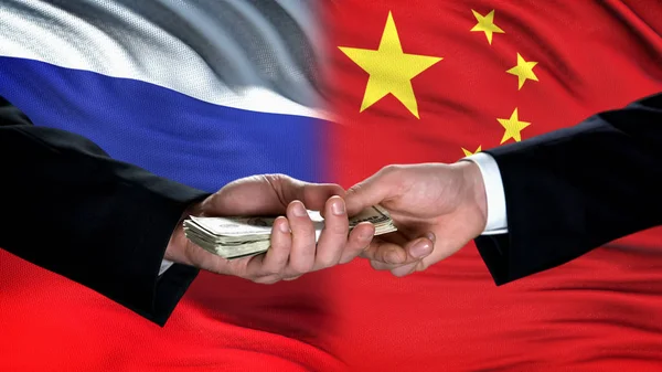 Russia China Officials Exchanging Money Flag Background Business Trade — Stock Photo, Image