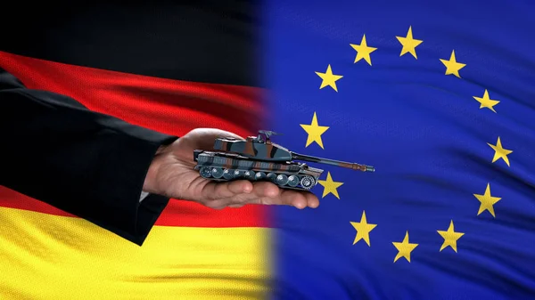 Official Hand Holding Toy Tank Germany Flag Weapon Trade — Stock Photo, Image