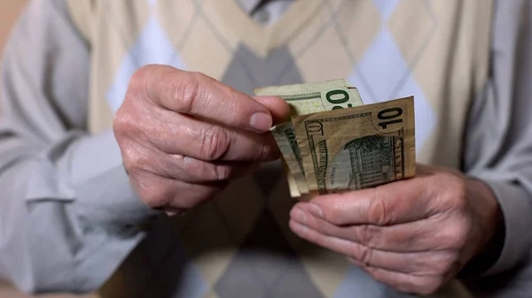 Old Male Counting Dollar Banknotes Poverty Problem Social Insecurity Close — Stock Photo, Image