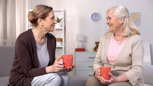 Leeftijd Vrouwelijke Vrienden Drinken Van Thee Chatten Zitten Een Comfortabele — Stockfoto