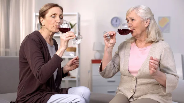 Dos Ancianas Bebiendo Vino Tinto Copas Comunicación Amigos Casa —  Fotos de Stock