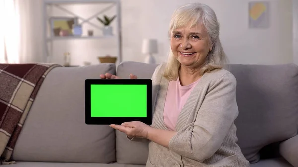 Lächelnde Ältere Dame Mit Grünem Bildschirm Tablette Den Händen Einfaches — Stockfoto