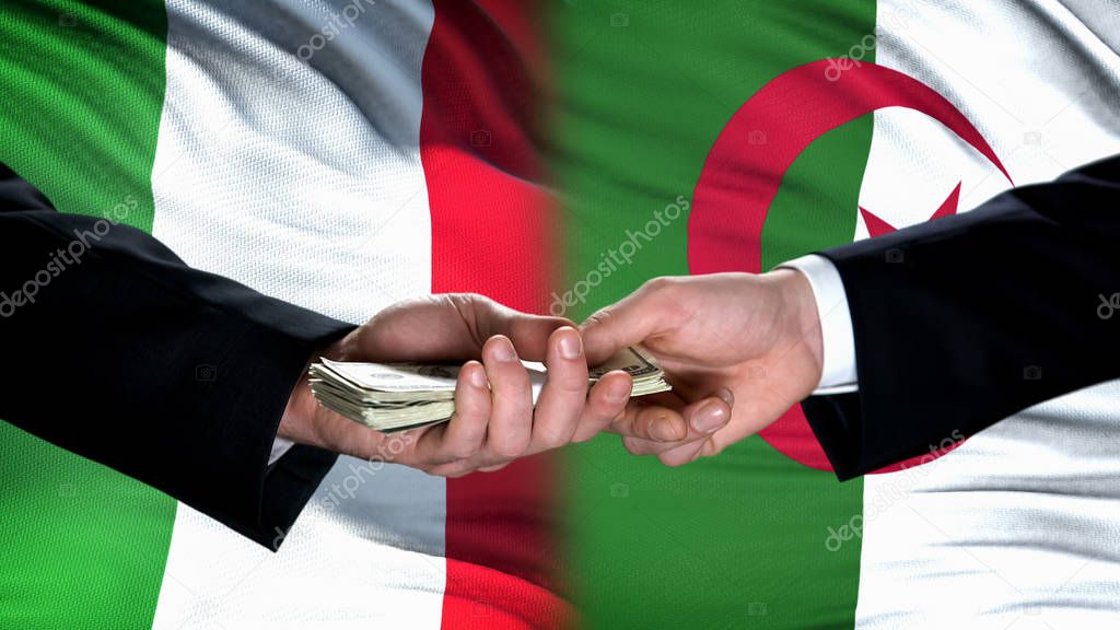 Italy and Algeria officials exchanging money, flag background, business deal