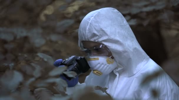 Laboratorieforskare tar fototräd med kamera, skogsförgiftning, ekologisk kris — Stockvideo