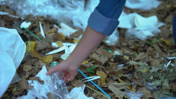 Mão feminina levando garrafa de plástico de aterro de lixo, projeto de reciclagem de resíduos — Vídeo de Stock