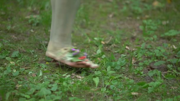 Woodnymph piernas caminando suelo del bosque, viniendo de la primavera, poder de la naturaleza, espíritu — Vídeos de Stock