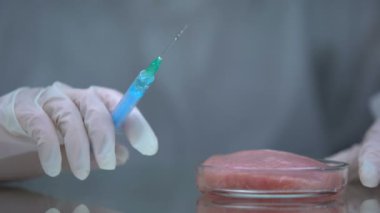 Laboratuvar çalışanı ete sıvı enjekte ediyor, organizma üzerinde gmo etkisi, deney.