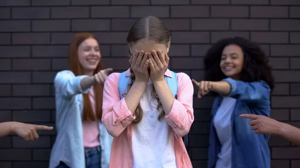 Depressed Bullying Victim Covering Face Hands Classmates Pointing Fingers — Stock Photo, Image