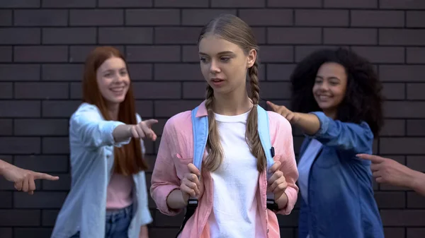 Female Peers Pointing Fingers Desperate Schoolgirl College Teasing Condemnation — Stock Photo, Image