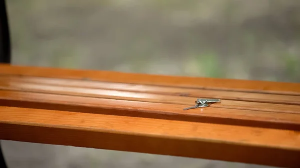 Clés Perdues Couchées Sur Banc Dans Parc Concept Négligence Inattention — Photo