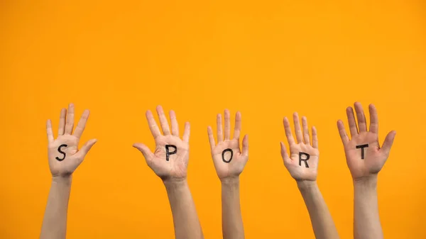 Sport Written Palms Orange Background Workout Energy Training Activity — Stock Photo, Image