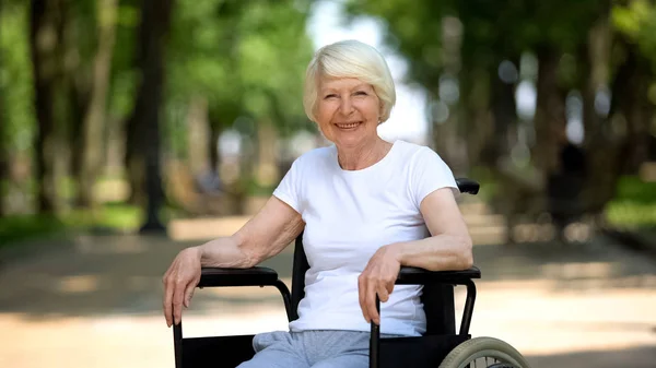 Smiling Elderly Woman Wheelchair Looking Camera Sunny Day Park — Stock Photo, Image