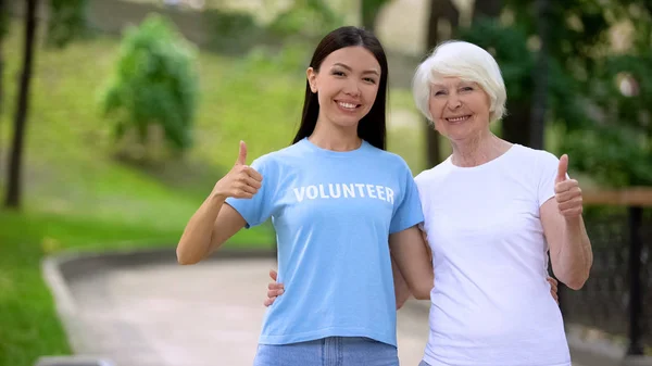 Kadın Gönüllü Yaşlı Kadın Başparmak Gösteren Sosyal Destek Projesi — Stok fotoğraf