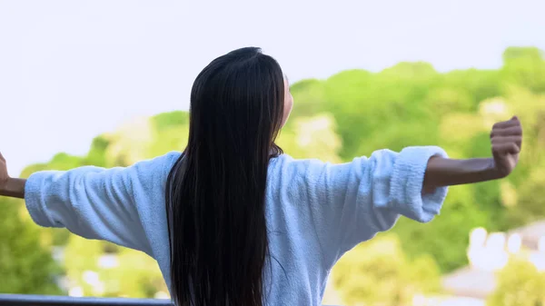 Woman Hotel Bathrobe Stretching Hands Enjoying Morning Standing Terrace Outdoors — Stock Photo, Image