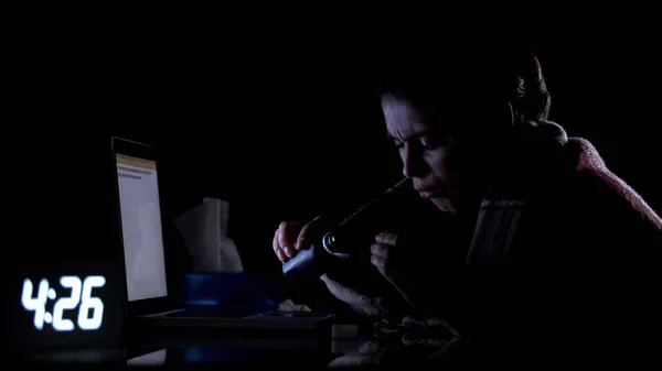 Sick Lady Pouring Syrup Sitting Computer Night Suffering Flu Symptoms — Stock Photo, Image