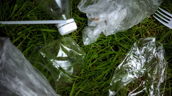 Plastikowe Śmieci Trawie Problem Zanieczyszczenia Katastrofy Środowiskowej Uratować Planetę — Zdjęcie stockowe