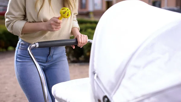 Woman Holding Rattle Toy Front Newborn Stroller Babyhood Interaction — Stock Photo, Image
