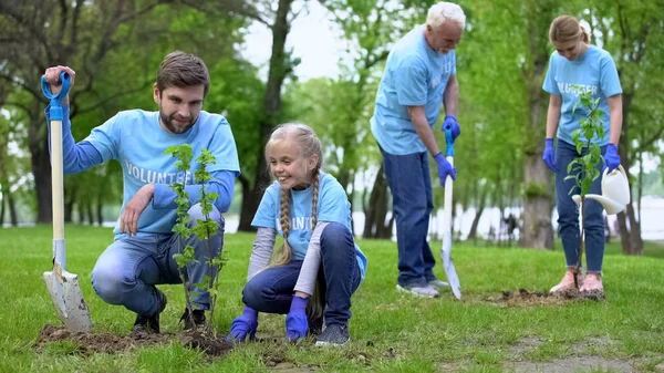 Mutlu gönüllüler aile açık havada ağaç fidanı dikim, zevk yapılan iş