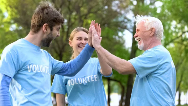 Voluntarios Sonrientes Dando Cinco Gesto Cooperación Proyecto Ambiental — Foto de Stock