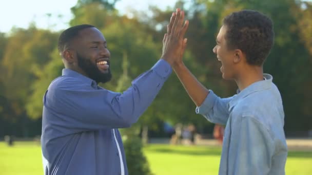 Vrolijke zwarte broers geven high five buiten, gelukkig gezin, nauwe relaties — Stockvideo