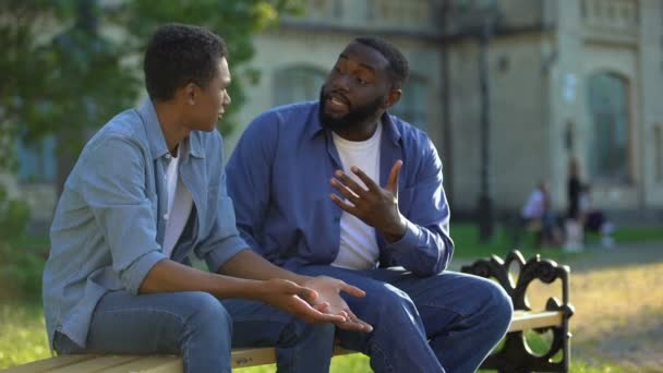 Pai discutindo filho adolescente sentado no banco do campus, puberdade dificuldades de idade — Vídeo de Stock
