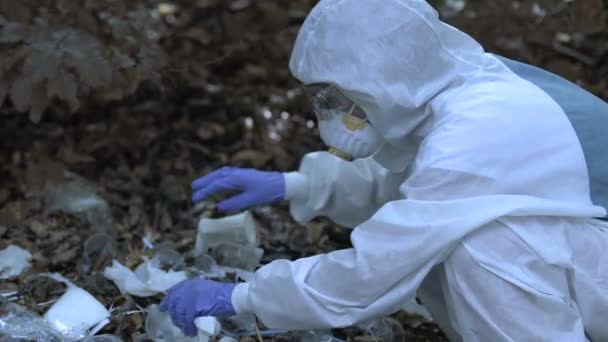 Naukowiec badający szczątki w lesie, uszkodzenia dzikiej fauny i flory, rozprzestrzenianie się mikroplastiku — Wideo stockowe