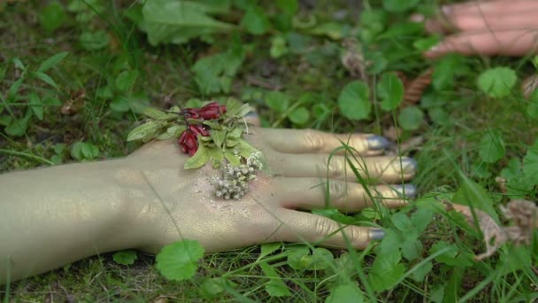 Mano humana encontrando el brazo de la personificación de la Naturaleza, la unión con el planeta Tierra — Vídeos de Stock