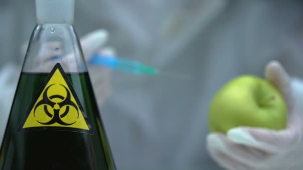 Forskare i skyddshandskar injicerar biologiskt farligt ämne i äpple, labb — Stockvideo