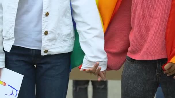 Casal feminino tomando as mãos segurando cartaz de direitos LGBT, suporte para casamento gay — Vídeo de Stock