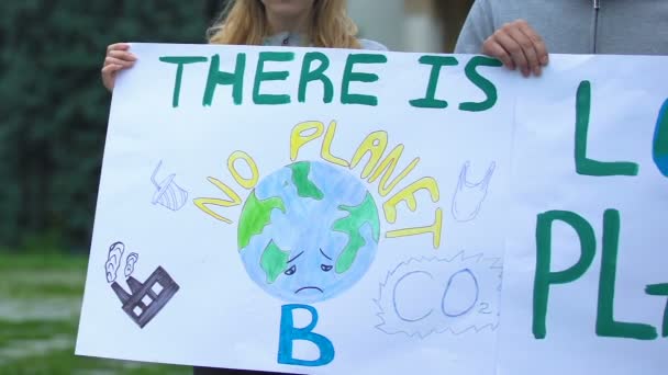 Volunteers showing posters about planet pollution, environmental protection — Stock Video