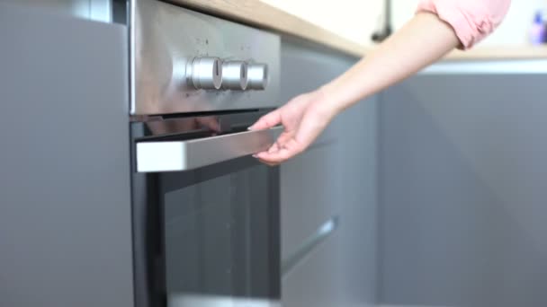 Woman taking chocolate cookies from oven, recipes of homemade baking, confection — ストック動画