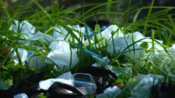 Persona que arroja una bolsa de plástico al vertedero forestal, impacto humano en el medio ambiente — Vídeo de stock