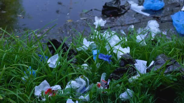 Persoon die schilderen met wereld van plastic is niet fantastisch zin op afval — Stockvideo