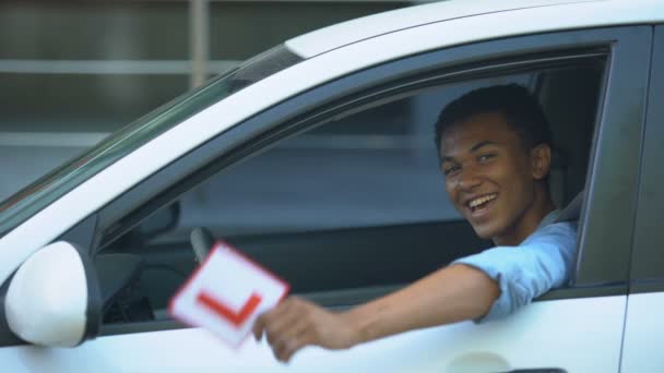 Smiling boy showing l-plate at car window, driving courses, right-hand traffic — Stock Video