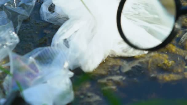 Persoon die water en bodem onderzoekt op stortplaats met vergrootglas, gevarenniveau — Stockvideo