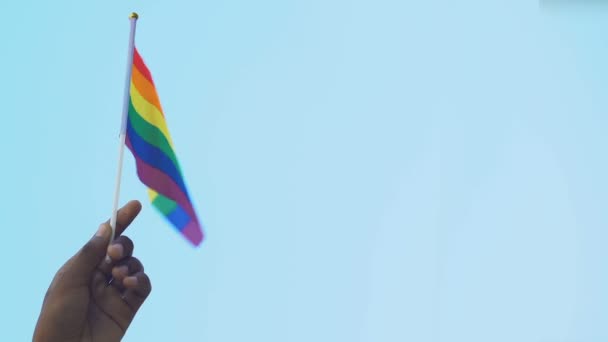 Hand van Afro-Amerikaanse man met regenboogvlag tegen de lucht, lgbt rechten — Stockvideo