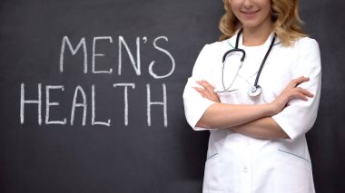 Urologist standing near Mens health words, medical exam to prevent prostatitis clipart